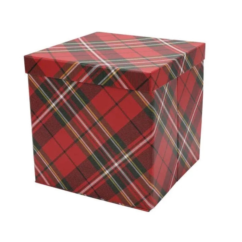 Reusable 9"x9"x9" Collapsable Holiday Gift Box w/ Removable Lid|Plaid